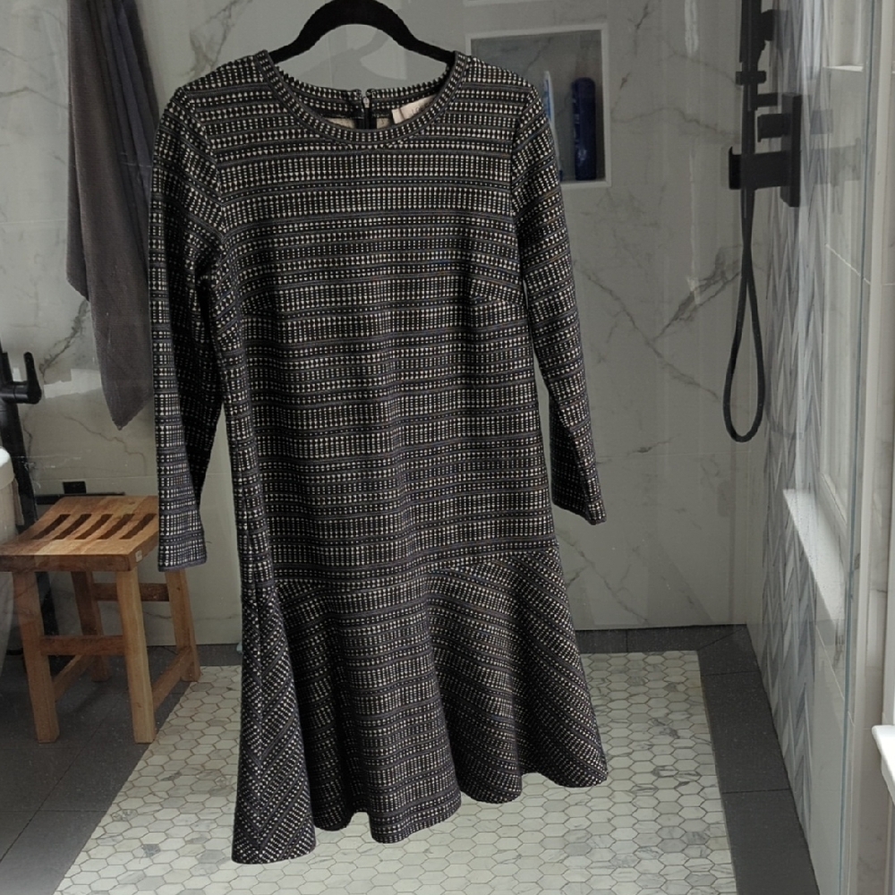 LOFT Gray and Black Sheath Dress Long Sleeve Crew Neck